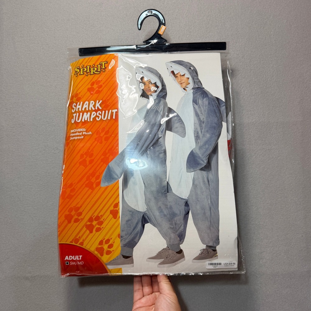 Spirit Halloween Shark Jumpsuit Adult SM/MD Plush Hooded Costume Grey 01482208